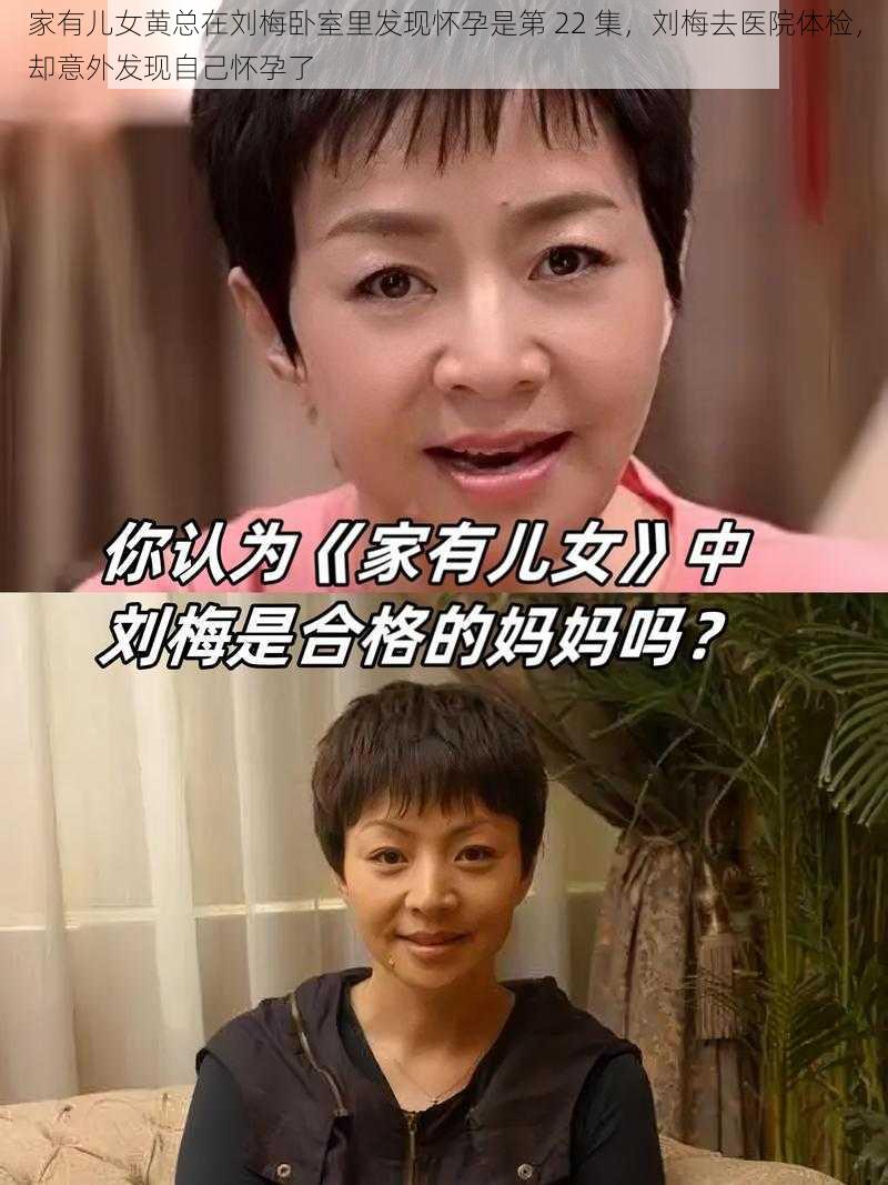 家有儿女黄总在刘梅卧室里发现怀孕是第 22 集，刘梅去医院体检，却意外发现自己怀孕了