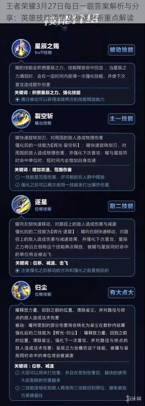 王者荣耀3月27日每日一题答案解析与分享：英雄技能调整及游戏更新重点解读