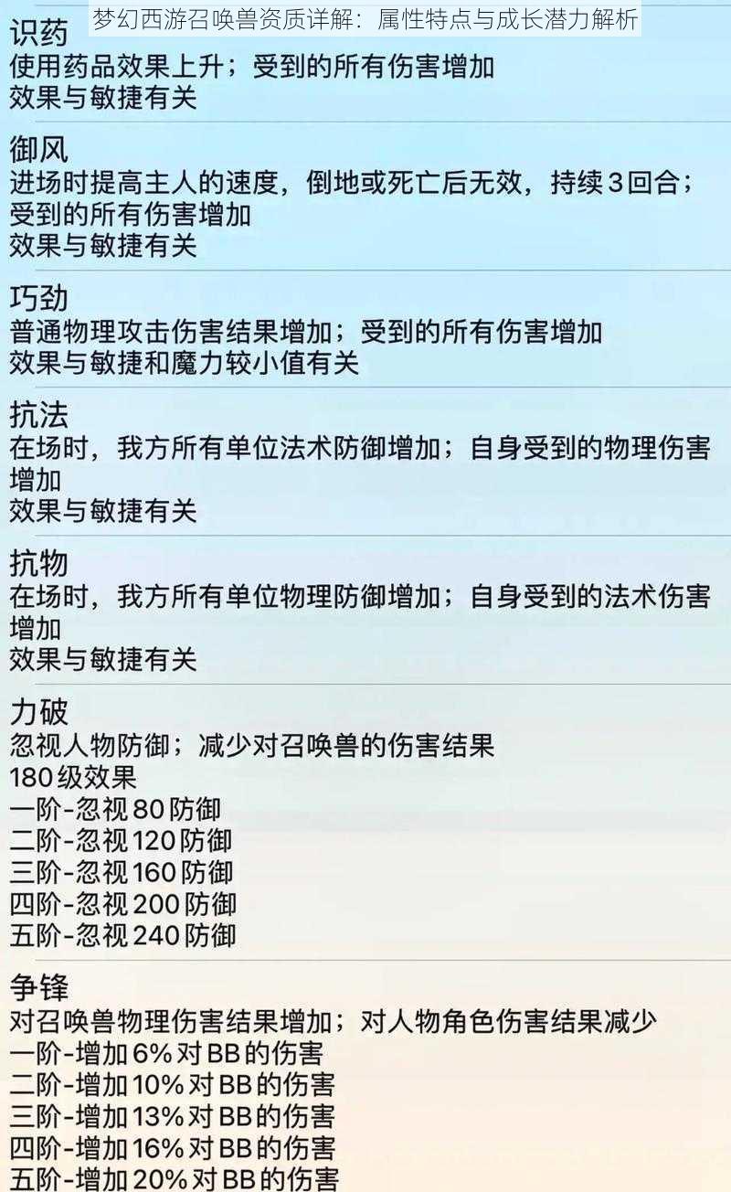 梦幻西游召唤兽资质详解：属性特点与成长潜力解析