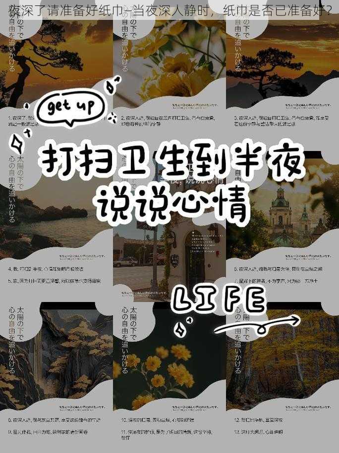 夜深了请准备好纸巾—当夜深人静时，纸巾是否已准备好？