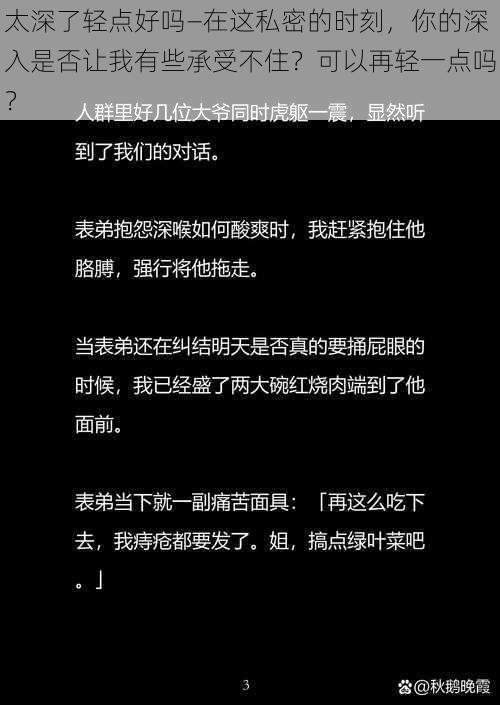 太深了轻点好吗—在这私密的时刻，你的深入是否让我有些承受不住？可以再轻一点吗？